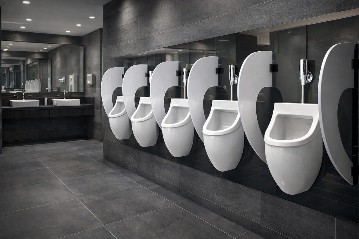 Row of wall-mounted urinals with privacy dividers in a modern commercial men's restroom with sinks and mirrors